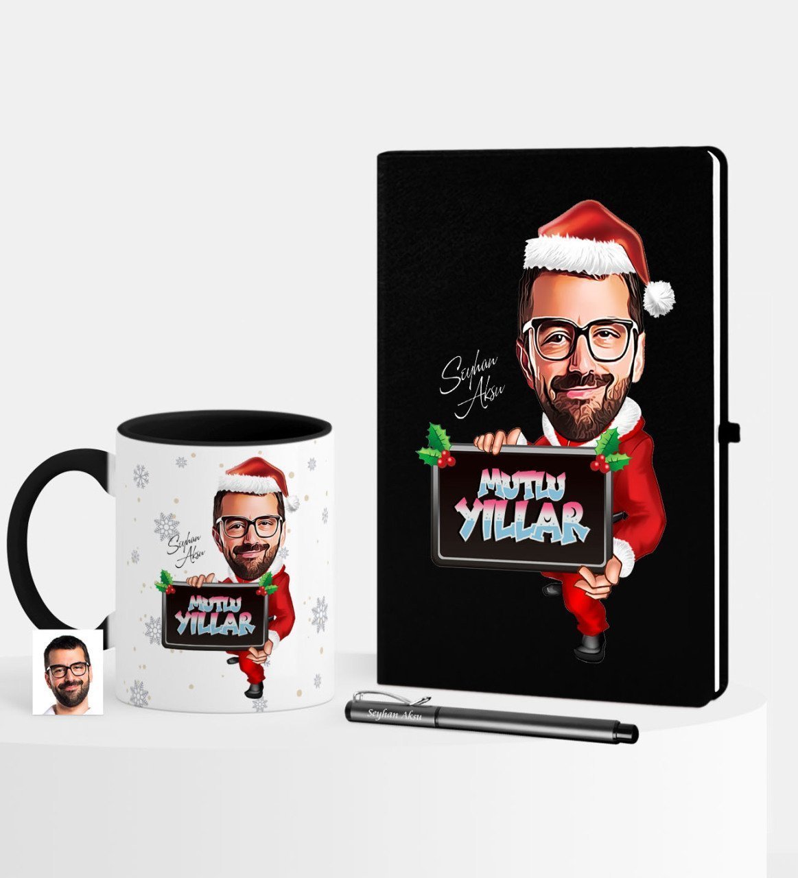 Kişiye Özel Yılbaşı Temalı Bay Karikatürlü Siyah Defter Kalem Kupa Seti - 1