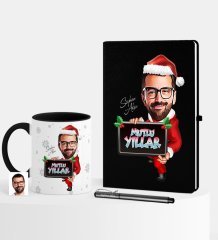 Kişiye Özel Yılbaşı Temalı Bay Karikatürlü Siyah Defter Kalem Kupa Seti - 1