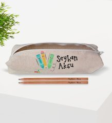 Çocuklara Özel İsimli Keten Okul Kalemliği ve Ahşap Kurşun Kalem Hediye Seti-13