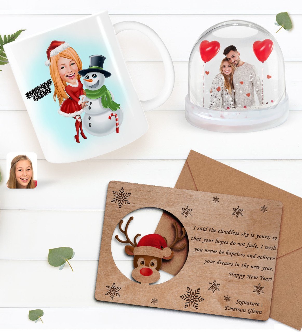 Kişiye Özel Fotoğraflı Kar Küresi & Happy New Year Kupa Bardak & Retro Ahşap Yılbaşı Tebrik Kartı Hediye Seti-9B