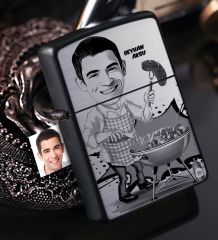 Kişiye Özel Bay Mangalcı Karikatürlü Benzinli Siyah Metal Çakmak - 1