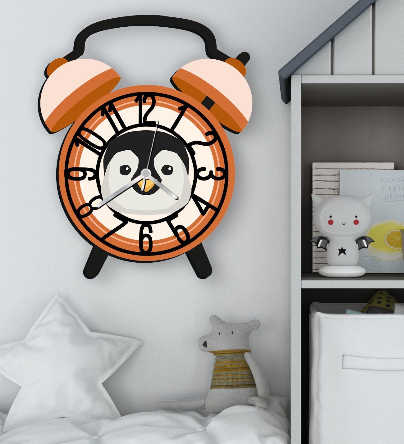 BK Gift Kişiye Özel Hayvan Figürlü Retro Çalar Saat Tasarımlı Kabartma Figürlü Ahşap Çocuk Duvar Saati-6, Ev Dekoru, Çocuk Odası Aksesuar