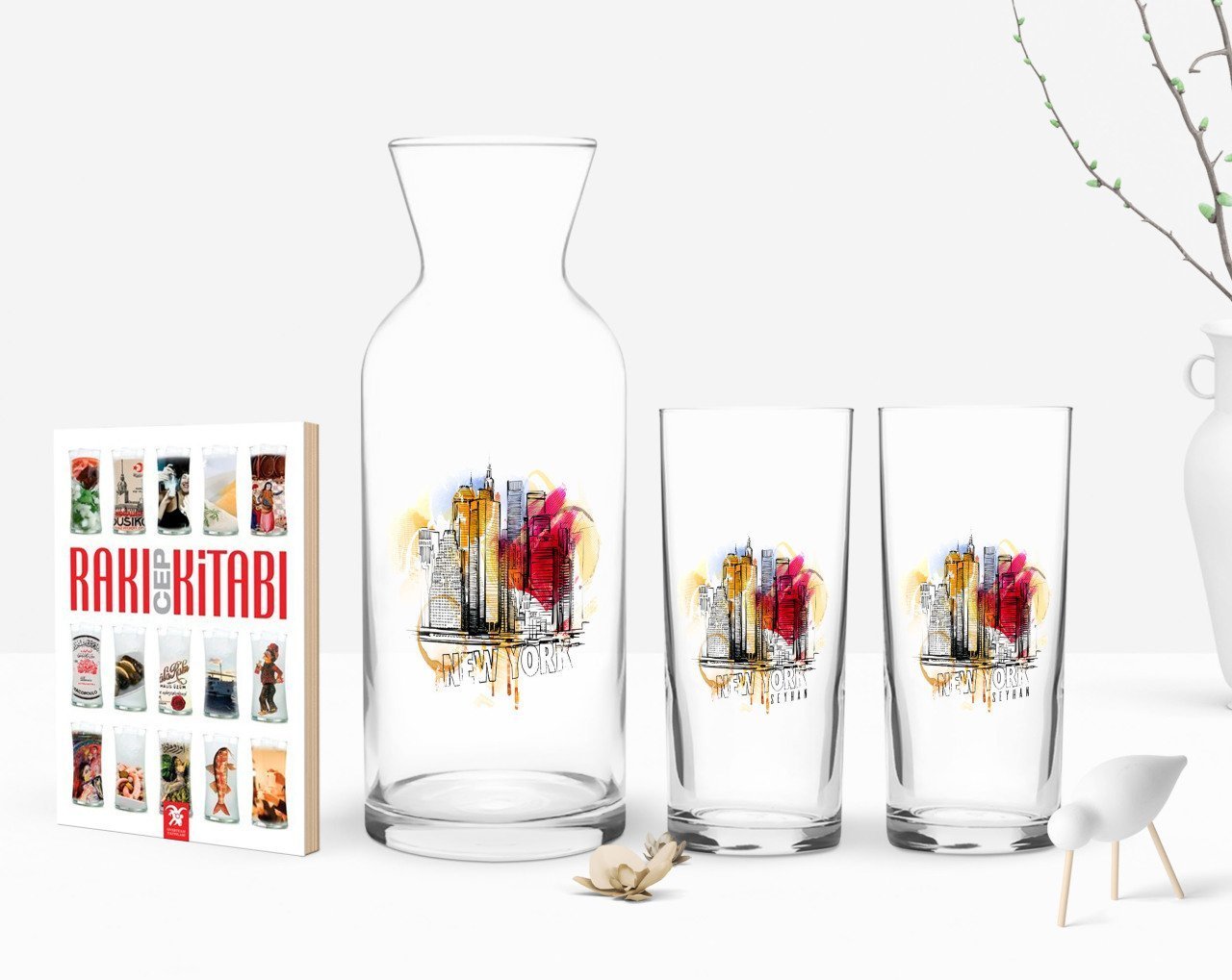 Kişiye Özel Renkli Baskılı Newyork Tasarımlı İkili Rakı Bardağı Karaf ve Cep Kitabı Hediye Seti-1