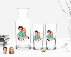 Kişiye Özel Renkli Baskılı Sevgililer Karikatürlü İkili Rakı Bardağı ve Karaf Hediye Seti-55