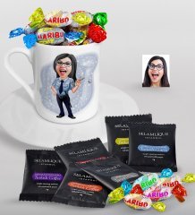Kişiye Özel Bayan Polis Karikatürlü Türk Kahvesi Fincanı Selamlique Karışık Türk Kahvesi ve Haribo Şeker Hediye Seti-1