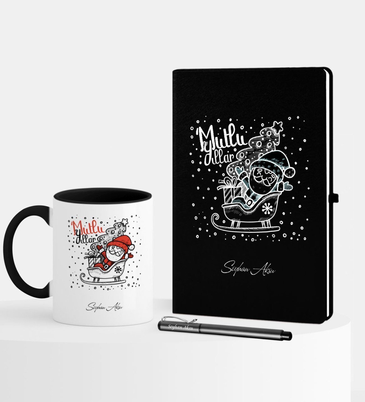 Kişiye Özel Yılbaşı Noel Baba Temalı Siyah Defter Kalem Kupa Seti - 5