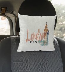 Kişiye Özel İsimli London Tasarımlı Kare Araç Koltuk Yastığı-2