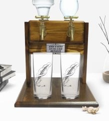 Kişiye Özel Renkli Baskılı İsimli İkili Rakı Bardağı ve Çift Musluklu Doğal Ahşap Rakı Standı-102
