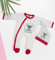 BK Kids Kişiye Özel Sevimli Koala Tasarımlı Kırmızı Tulum Zıbın ve Kukuletalı Şapka Seti-1