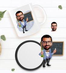 Kişiye Özel Erkek Kimya Öğretmeni Karikatürlü Beyaz Kupa ve Ahşap Bardak Altlığı Hediye Seti-1