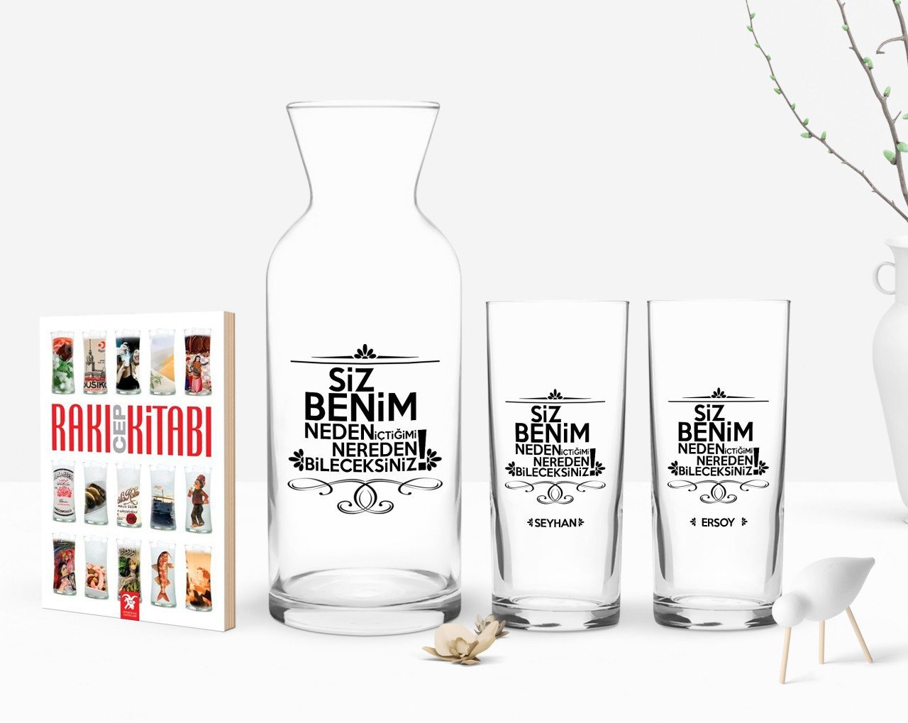 Kişiye Özel Renkli Baskılı Nereden Bileceksiniz Tasarımlı İkili Rakı Bardağı Karaf ve Cep Kitabı Hediye Seti-2