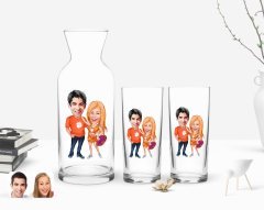Kişiye Özel Renkli Baskılı Sevgililer Karikatürlü İkili Rakı Bardağı ve Karaf Hediye Seti-54