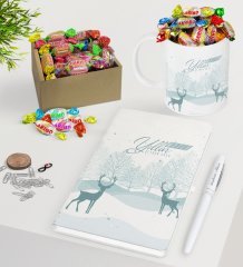 Kişiye Özel Yılbaşı Mutlu Yıllar Beyaz Defter Kalem Kupa ve Kutulu Haribo Şeker Hediye Seti-20