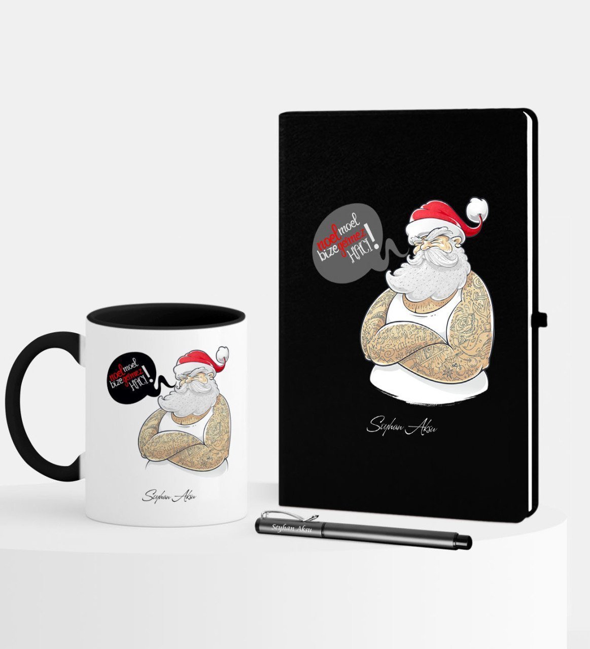 Kişiye Özel Yılbaşı Noel Baba Temalı Siyah Defter Kalem Kupa Seti - 4