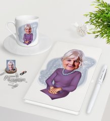 Kişiye Özel Büyükanne Karikatürlü Beyaz Defter Kalem Türk Kahvesi Fincanı Seti