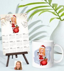 BK Gift Kişiye Özel Kadın Yılbaşı Karikatürlü Kupa Bardak ve 13x18cm Fotoğraf Kartlı Şövaleli 2023 Takvim Hediye Seti-1