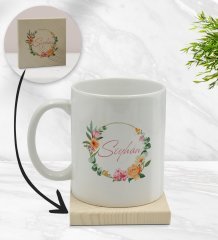 BK Gift Kişiye Özel Çiçek Tasarımlı Beyaz Kupa Bardak ve Ahşap Bardak Altlığı Hediye Seti - Model 10