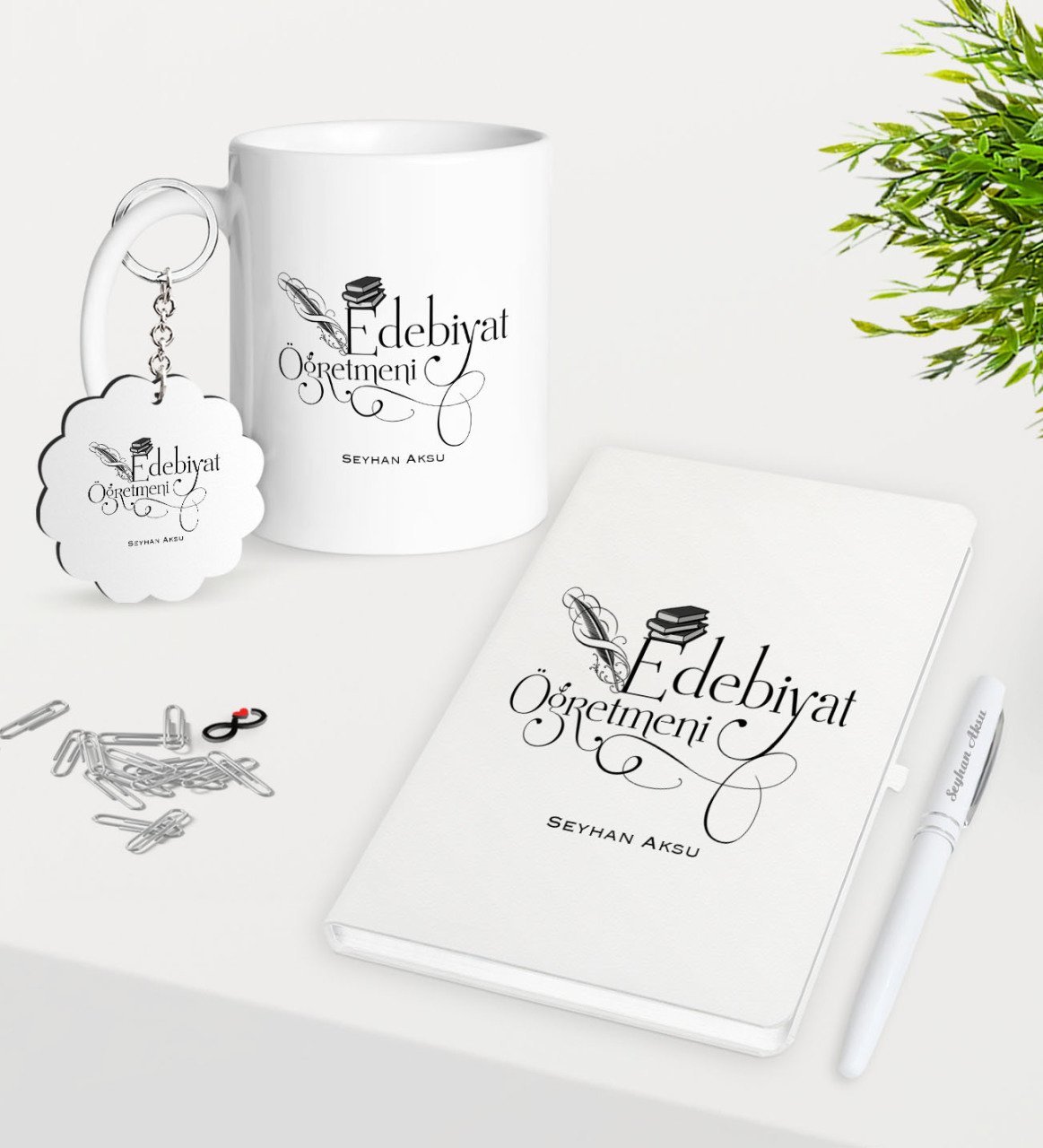 Kişiye Özel Edebiyat Öğretmeni Kupa Anahtarlık Beyaz Defter Kalem Hediye Seti