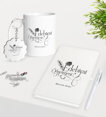 Kişiye Özel Edebiyat Öğretmeni Kupa Anahtarlık Beyaz Defter Kalem Hediye Seti