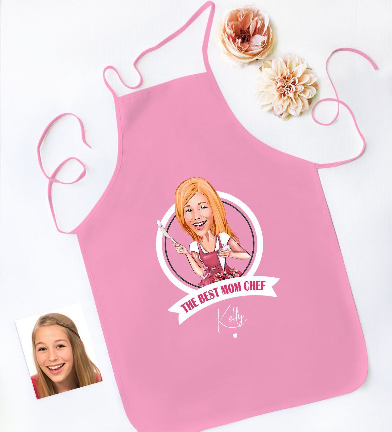 BK Gift Kişiye Özel Karikatürlü Anneler Günü Tasarımlı Pembe Mutfak Önlüğü, Aşçı Önlüğü, Şef Önlüğü, Anneye Hediye-1