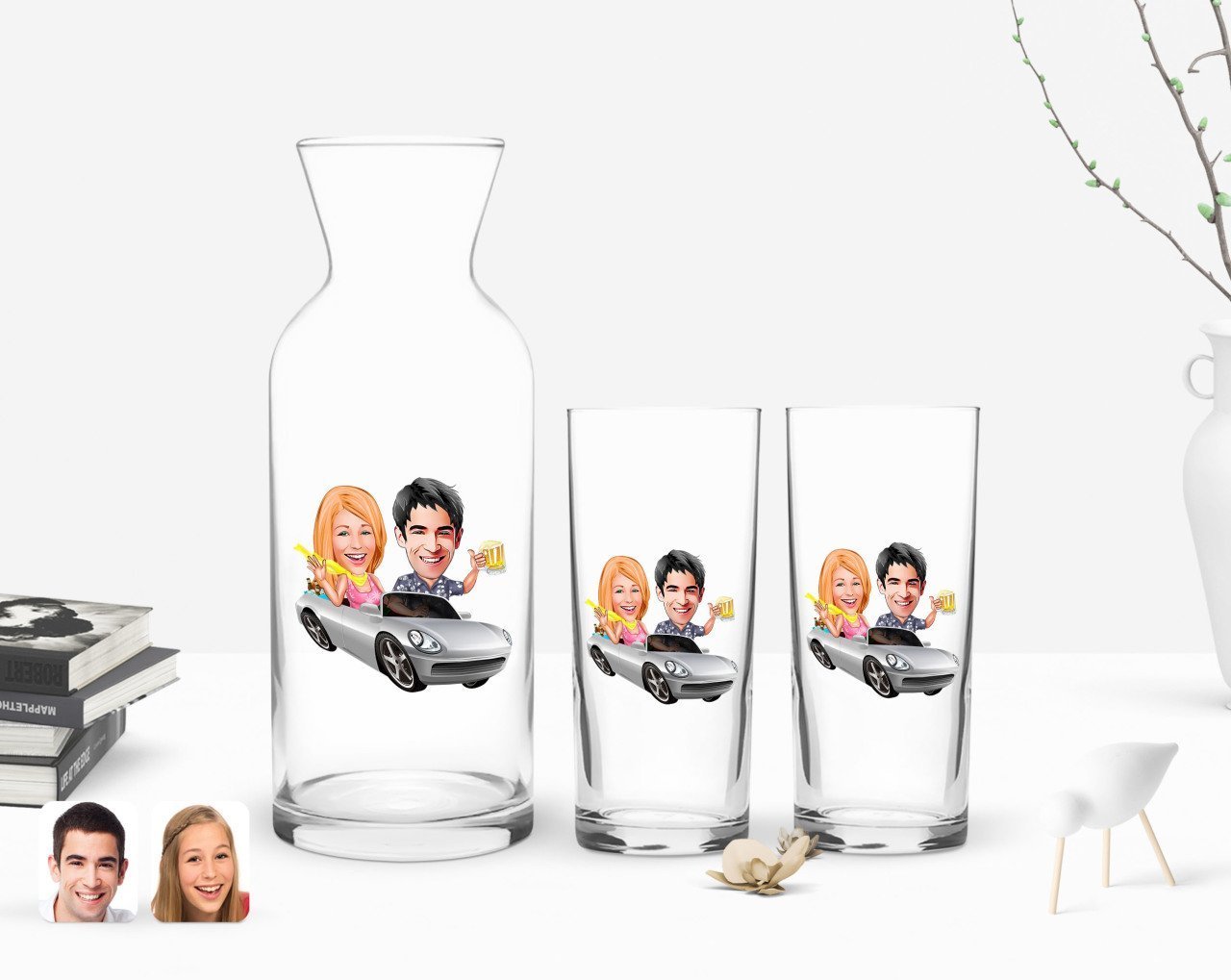 Kişiye Özel Renkli Baskılı Sevgililer Karikatürlü İkili Rakı Bardağı ve Karaf Hediye Seti-53