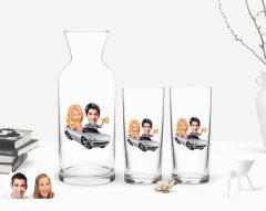 Kişiye Özel Renkli Baskılı Sevgililer Karikatürlü İkili Rakı Bardağı ve Karaf Hediye Seti-53