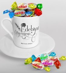 Kişiye Özel Edebiyat Öğretmeni Türk Kahvesi Fincanı ve Haribo Şeker Hediye Seti