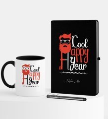 Kişiye Özel Yılbaşı Noel Baba Temalı Siyah Defter Kalem Kupa Seti - 3