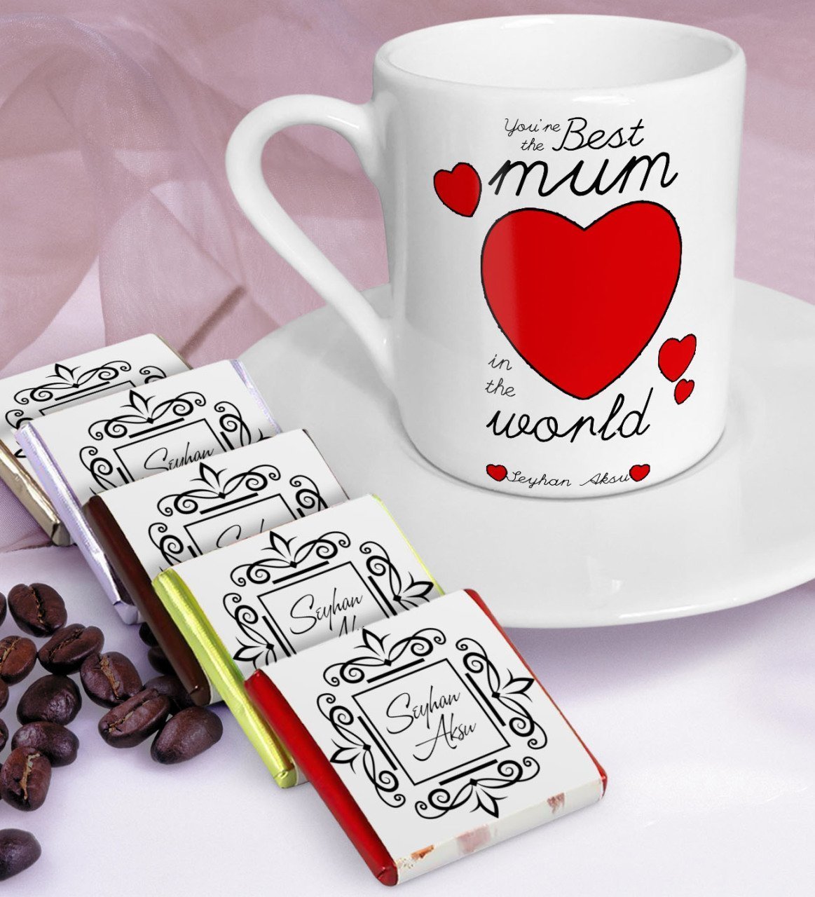 Kişiye Özel Dünyanın En İyi Annesi Türk Kahvesi Fincanı ve Çikolata Seti - 12
