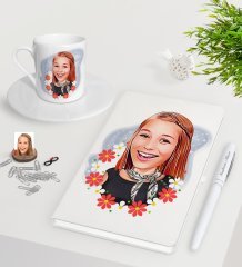 Kişiye Özel Bayan Karikatürlü Beyaz Defter Kalem Türk Kahvesi Fincanı Seti-51