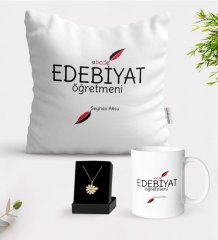 Kişiye Özel Edebiyat Öğretmeni Beyaz Kupa Yastık ve İsimli Papatya Kolye Hediye Seti-5