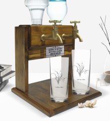 Kişiye Özel Renkli Baskılı İsimli İkili Rakı Bardağı ve Çift Musluklu Doğal Ahşap Rakı Standı-100