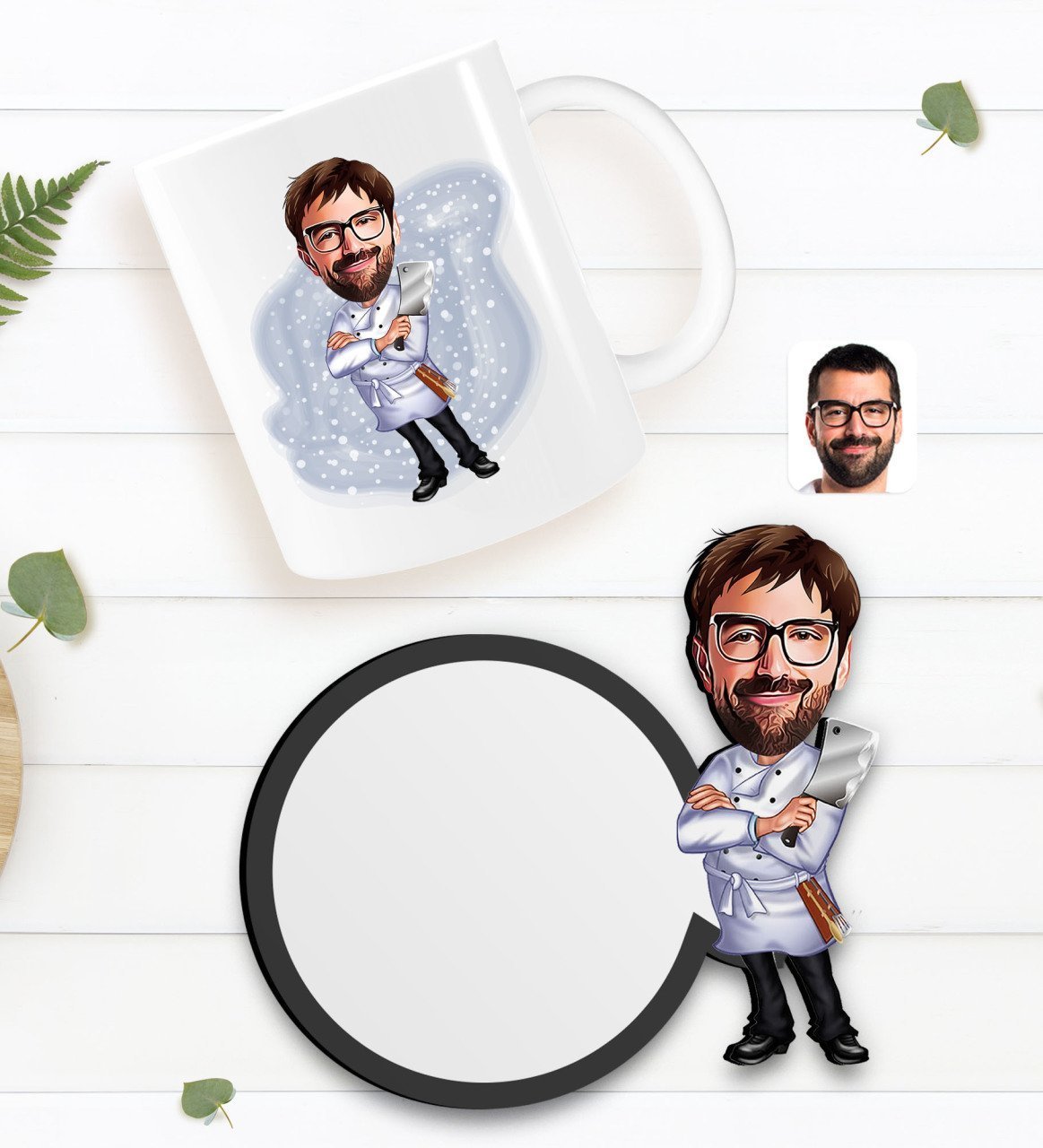 Kişiye Özel Erkek Kasap Karikatürlü Beyaz Kupa ve Ahşap Bardak Altlığı Hediye Seti-1