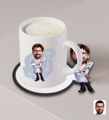 Kişiye Özel Erkek Kasap Karikatürlü Beyaz Kupa ve Ahşap Bardak Altlığı Hediye Seti-1