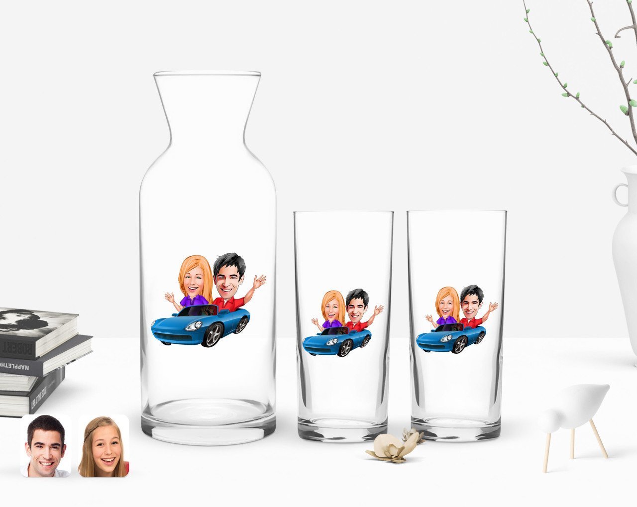 Kişiye Özel Renkli Baskılı Sevgililer Karikatürlü İkili Rakı Bardağı ve Karaf Hediye Seti-52