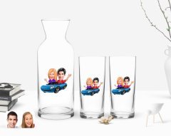 Kişiye Özel Renkli Baskılı Sevgililer Karikatürlü İkili Rakı Bardağı ve Karaf Hediye Seti-52
