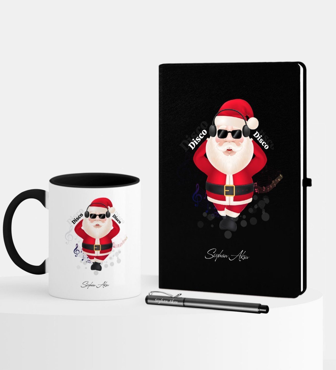 Kişiye Özel Yılbaşı Noel Baba Temalı Siyah Defter Kalem Kupa Seti - 1