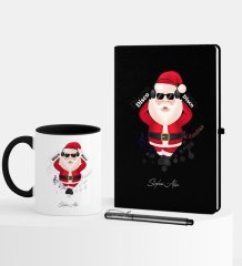 Kişiye Özel Yılbaşı Noel Baba Temalı Siyah Defter Kalem Kupa Seti - 1