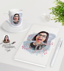 Kişiye Özel Bayan Karikatürlü Beyaz Defter Kalem Türk Kahvesi Fincanı Seti-50