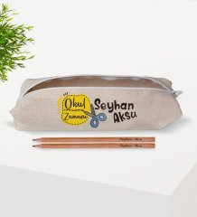 Çocuklara Özel İsimli Keten Okul Kalemliği ve Ahşap Kurşun Kalem Hediye Seti-9