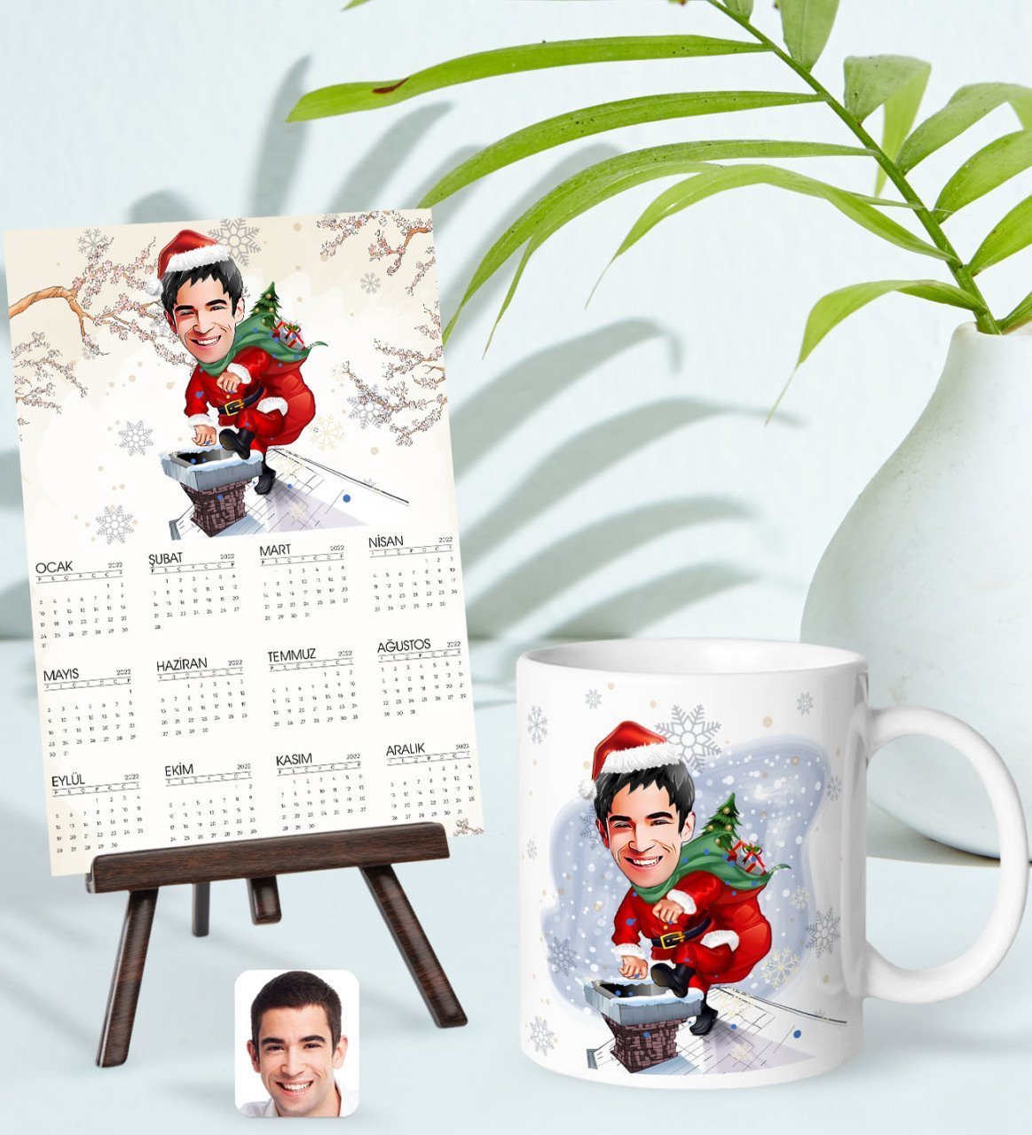 BK Gift Kişiye Özel Erkek Yılbaşı Karikatürlü Kupa Bardak ve 13x18cm Fotoğraf Kartlı Şövaleli 2023 Takvim Hediye Seti-2