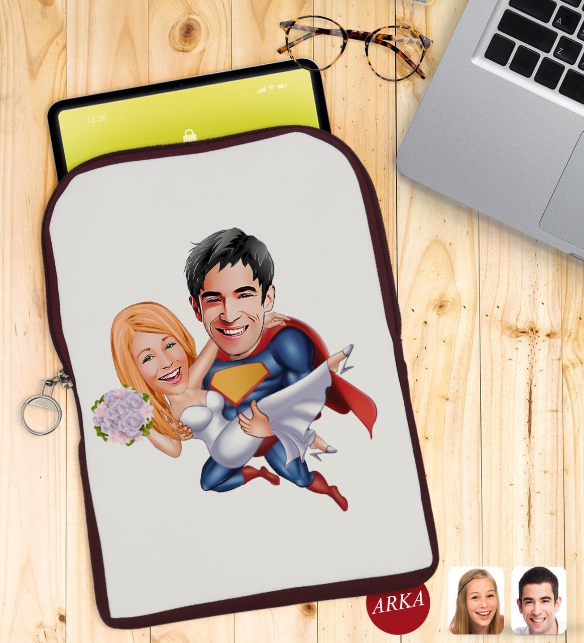 Kişiye Özel Sevgililer Karikatürlü Taşınabilir Koruyucu Tablet Kılıfı & Organizer Çanta - Bordo-92