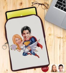Kişiye Özel Sevgililer Karikatürlü Taşınabilir Koruyucu Tablet Kılıfı & Organizer Çanta - Bordo-92