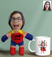 BK Gift Kişiye Özel Fotoğraflı Süper Anne Bebek Yastık ve Kupa Bardak Hediye Seti-1, Anneye Hediye, Anneler Günü Hediyeleri