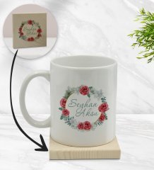 BK Gift Kişiye Özel Çiçek Tasarımlı Beyaz Kupa Bardak ve Ahşap Bardak Altlığı Hediye Seti - Model 8