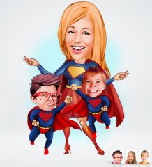 Kişiye Özel Süper Anne Süper Çocuklar Tasarımlı Dijital Karikatür-1