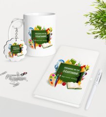 Kişiye Özel Dünyanın En İyi Öğretmeni Kupa Anahtarlık Beyaz Defter Kalem Hediye Seti-26