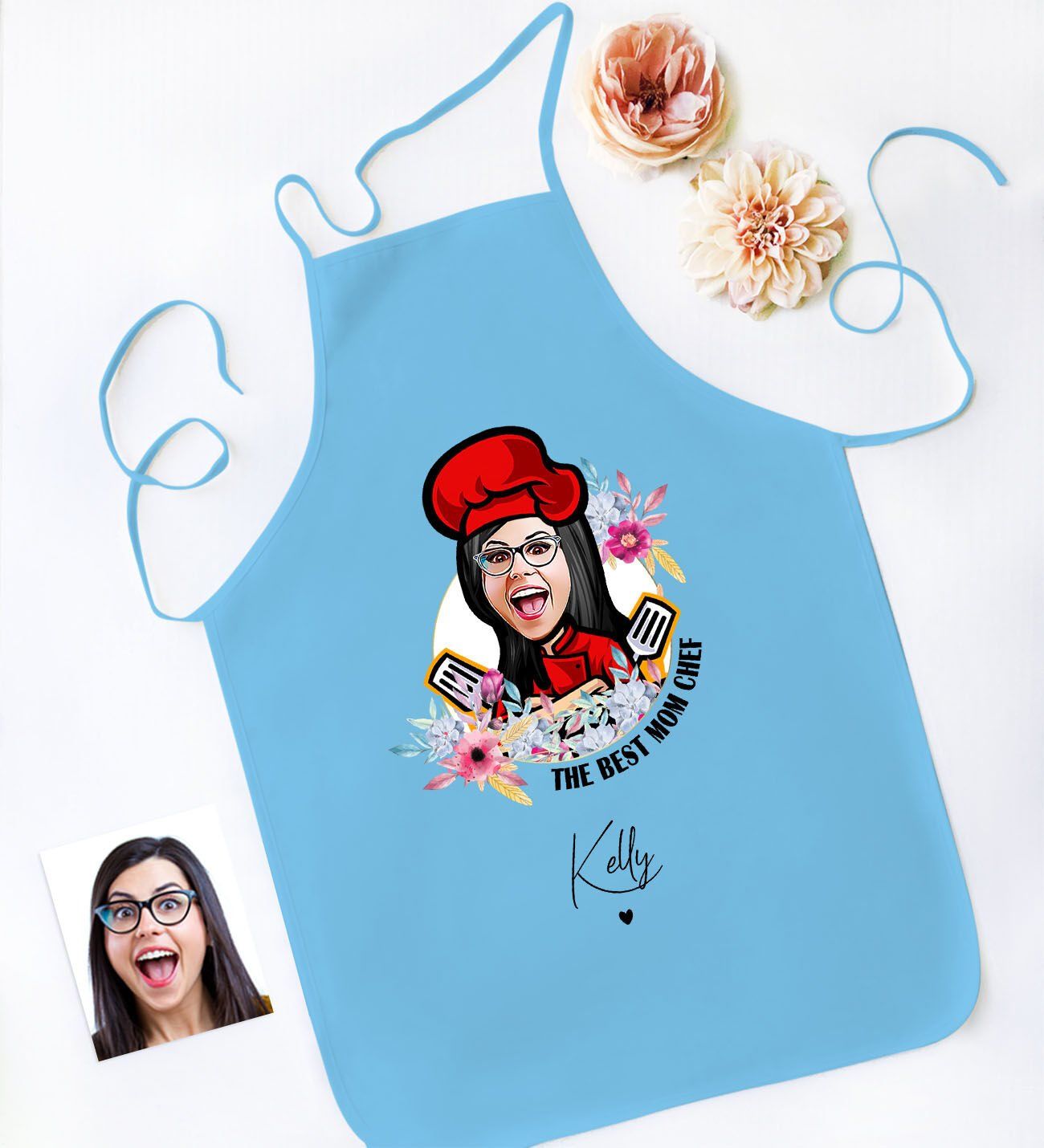 BK Gift Kişiye Özel Karikatürlü Anneler Günü Tasarımlı Mavi Mutfak Önlüğü, Aşçı Önlüğü, Şef Önlüğü, Anneye Hediye-9