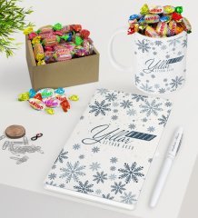Kişiye Özel Yılbaşı Mutlu Yıllar Beyaz Defter Kalem Kupa ve Kutulu Haribo Şeker Hediye Seti-17
