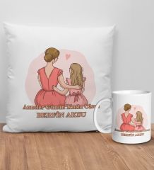 BK Gift Kişiye Özel Anne Tasarımlı Beyaz Kırlent Yastık ve Kupa Seti-11, Anneye Hediye, Anneler Günü Hediyeleri